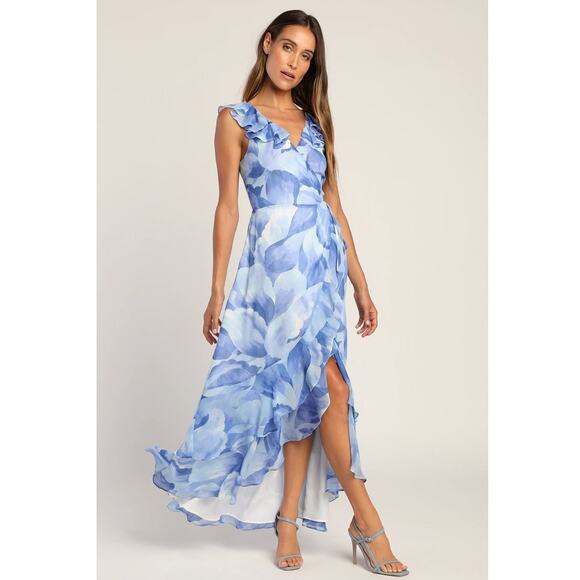Lulus Elevate The‎ Occasion Wrap Dress Women's Medium Blue Floral Ruffle Hi Low - Picture 1 of 12